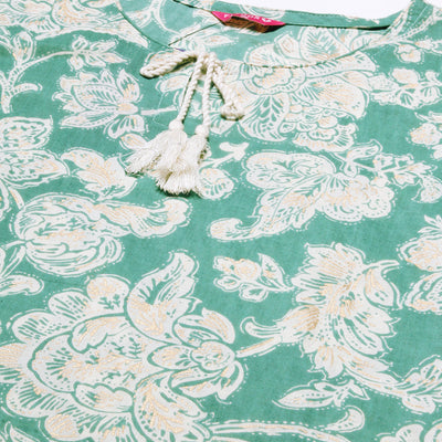 Floral Block Printed & Khari Printed Zari Embellished Kurta - Green