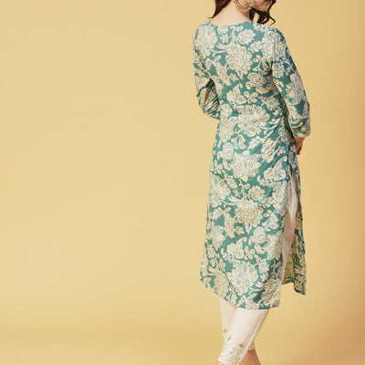 Floral Block Printed & Khari Printed Zari Embellished Kurta - Green