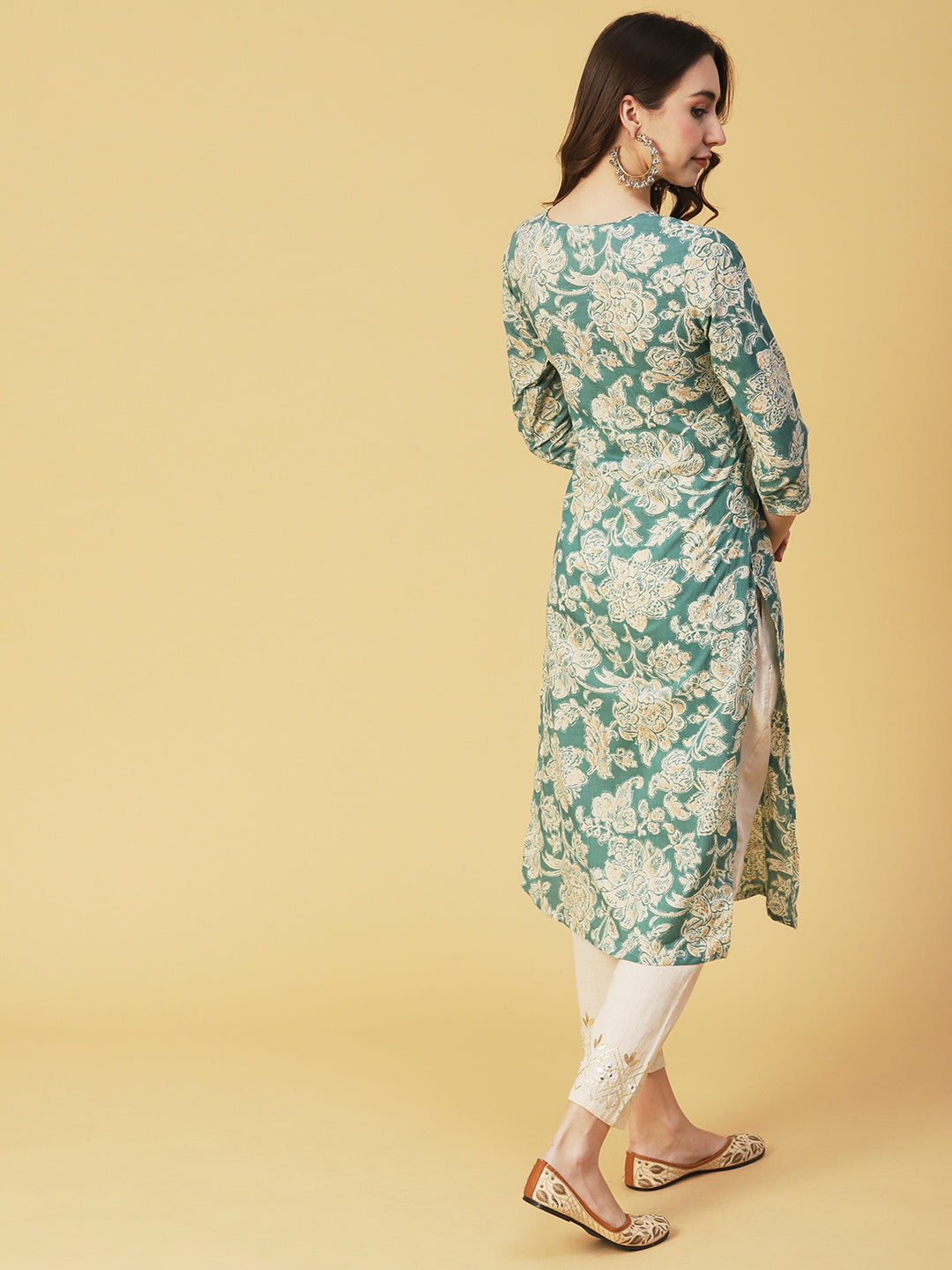 Floral Block Printed & Khari Printed Zari Embellished Kurta - Green