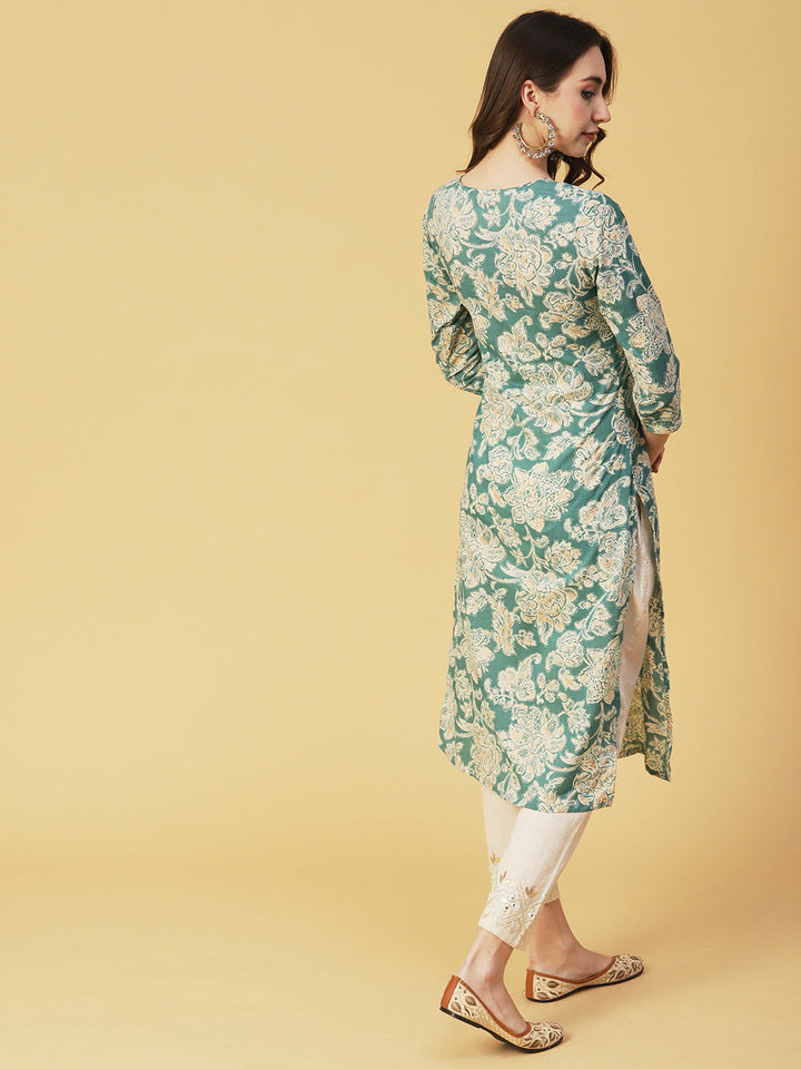 Floral Block Printed & Khari Printed Zari Embellished Kurta - Green