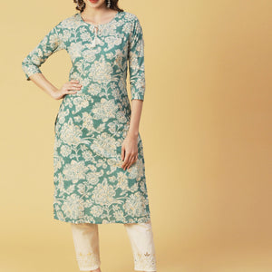 Floral Block Printed & Khari Printed Zari Embellished Kurta - Green