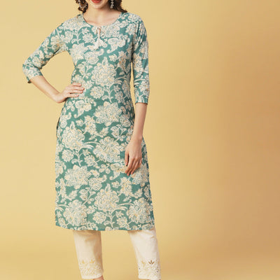 Floral Block Printed & Khari Printed Zari Embellished Kurta - Green