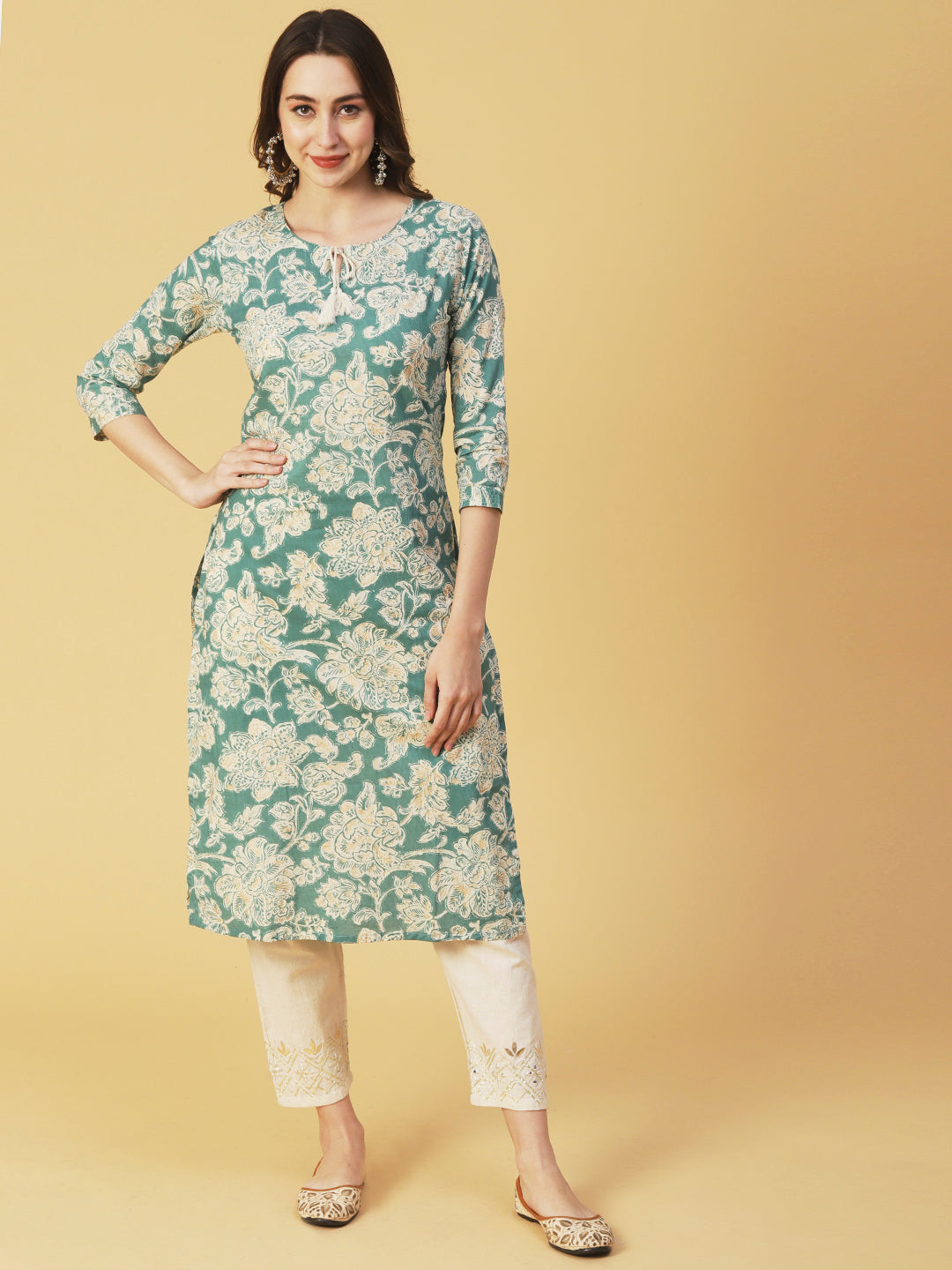 Floral Block Printed & Khari Printed Zari Embellished Kurta - Green