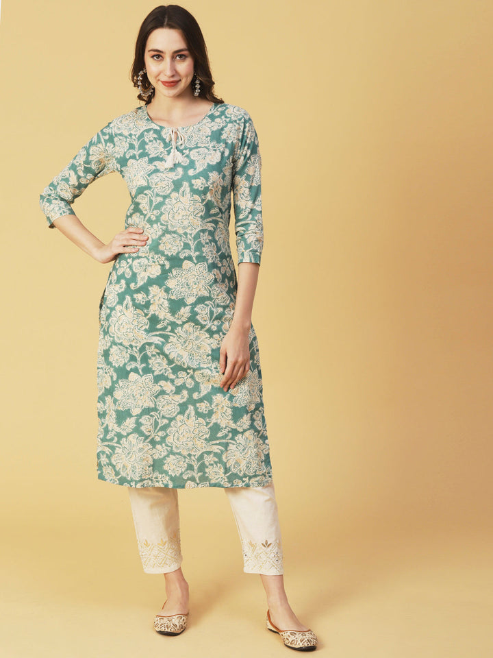 Floral Block Printed & Khari Printed Zari Embellished Kurta - Green