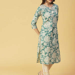 Floral Block Printed & Khari Printed Zari Embellished Kurta - Green
