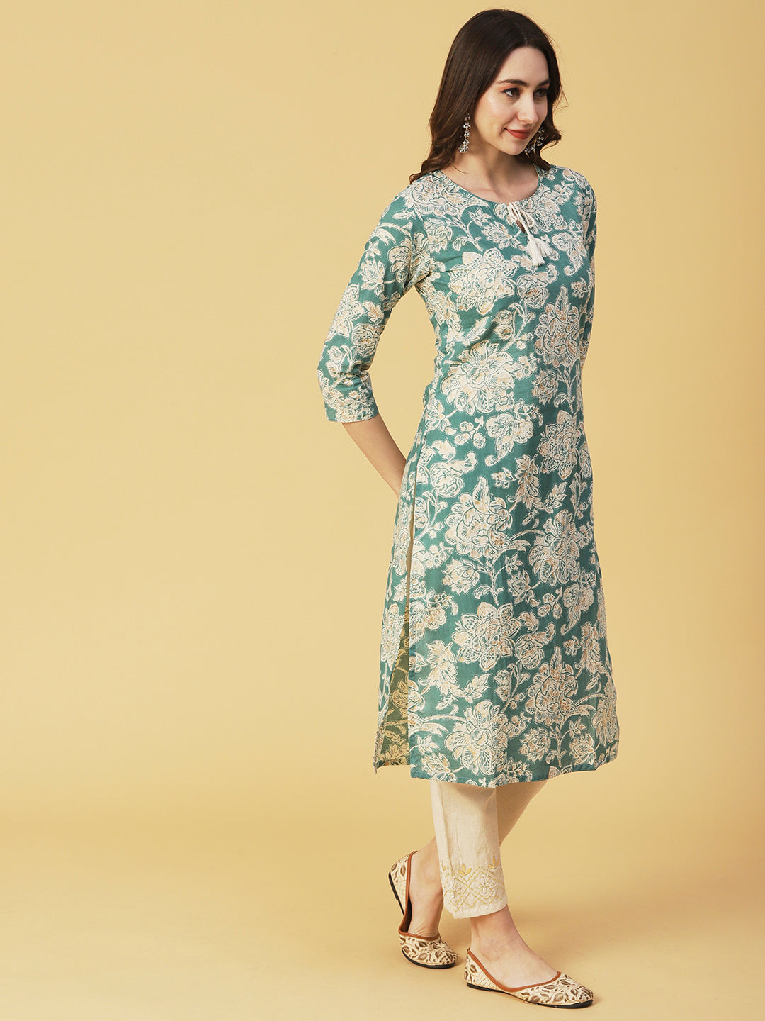 Floral Block Printed & Khari Printed Zari Embellished Kurta - Green
