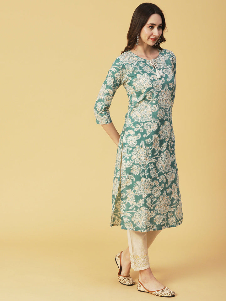 Floral Block Printed & Khari Printed Zari Embellished Kurta - Green