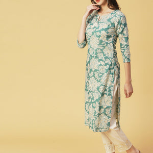 Floral Block Printed & Khari Printed Zari Embellished Kurta - Green