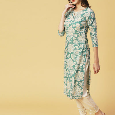 Floral Block Printed & Khari Printed Zari Embellished Kurta - Green