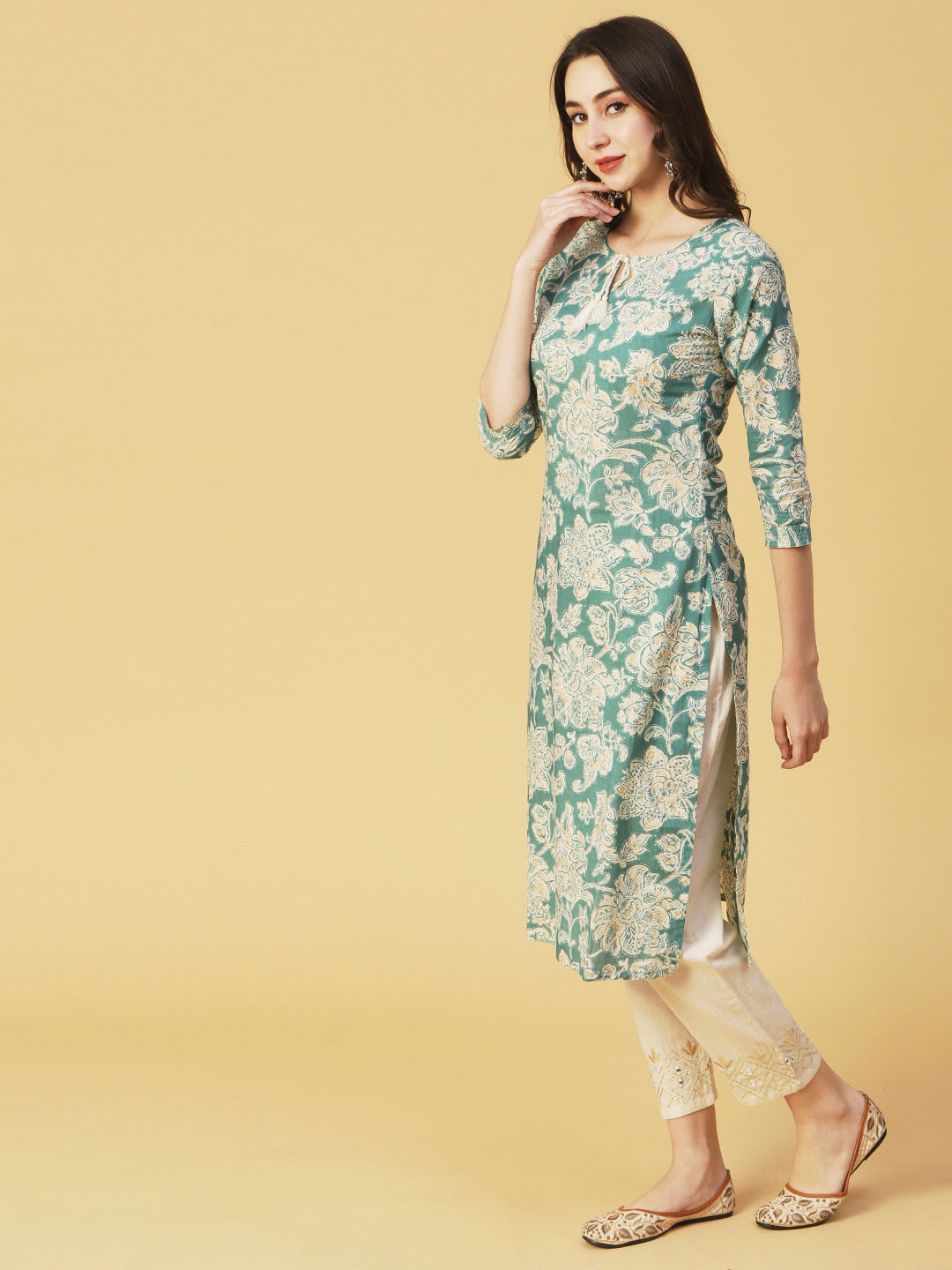 Floral Block Printed & Khari Printed Zari Embellished Kurta - Green