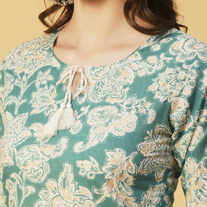 Floral Block Printed & Khari Printed Zari Embellished Kurta - Green