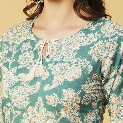 Floral Block Printed & Khari Printed Zari Embellished Kurta - Green