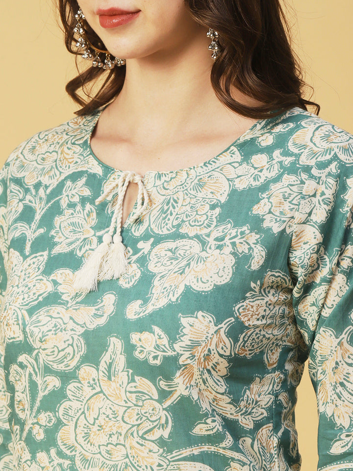 Floral Block Printed & Khari Printed Zari Embellished Kurta - Green