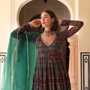 Dune Green Printed Chinon Suit Set