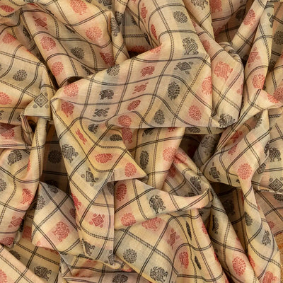 Cream Handloom Silk Cotton Saree With Checks & Yazhi Motifs