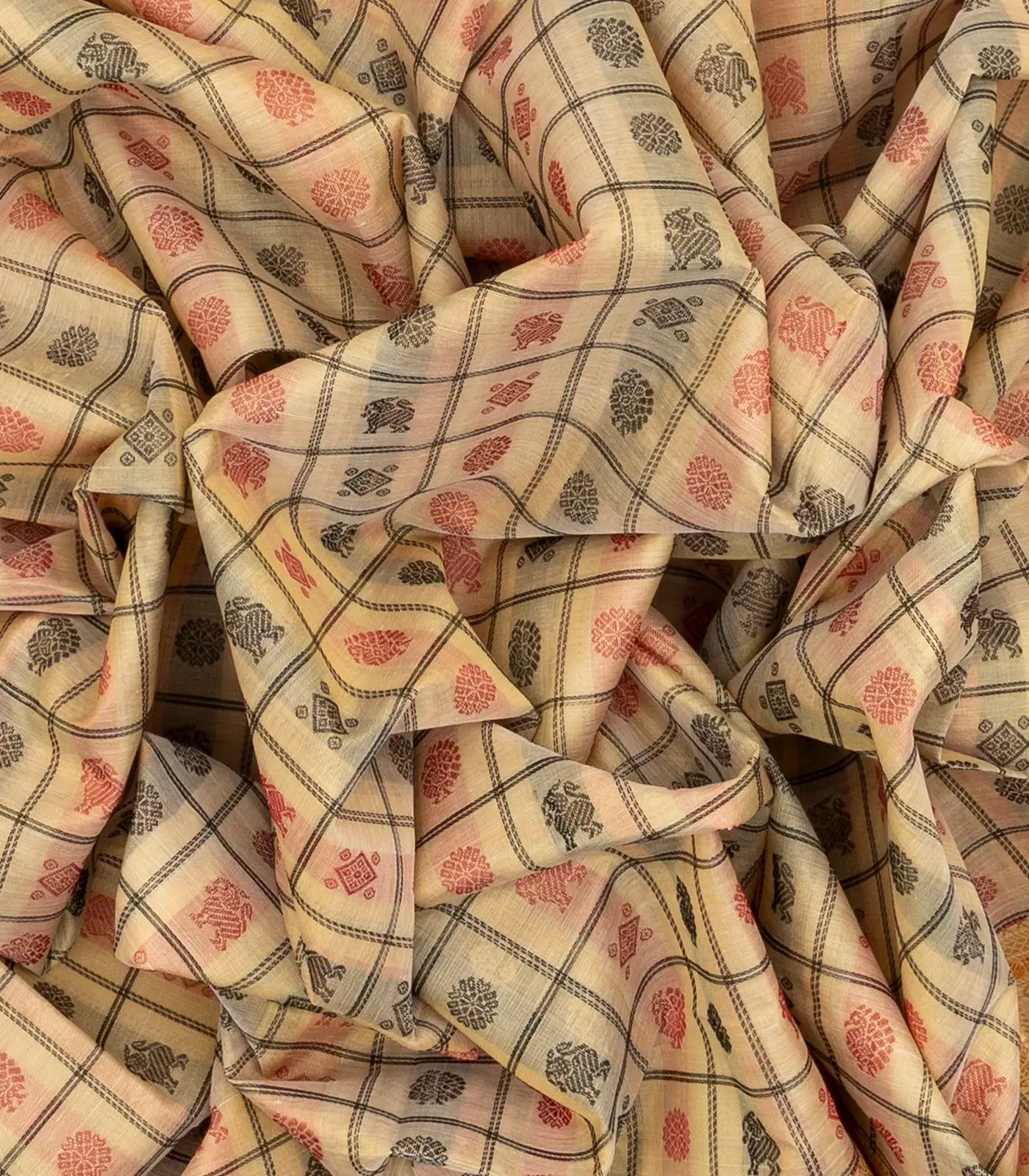 Cream Handloom Silk Cotton Saree With Checks & Yazhi Motifs