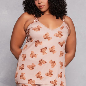 Plus Size Teddy Bear Print Pajama Cami Top and Shorts