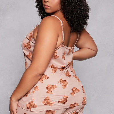 Plus Size Teddy Bear Print Pajama Cami Top and Shorts