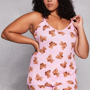 Plus Size Teddy Bear Print Pajama Cami Top and Shorts