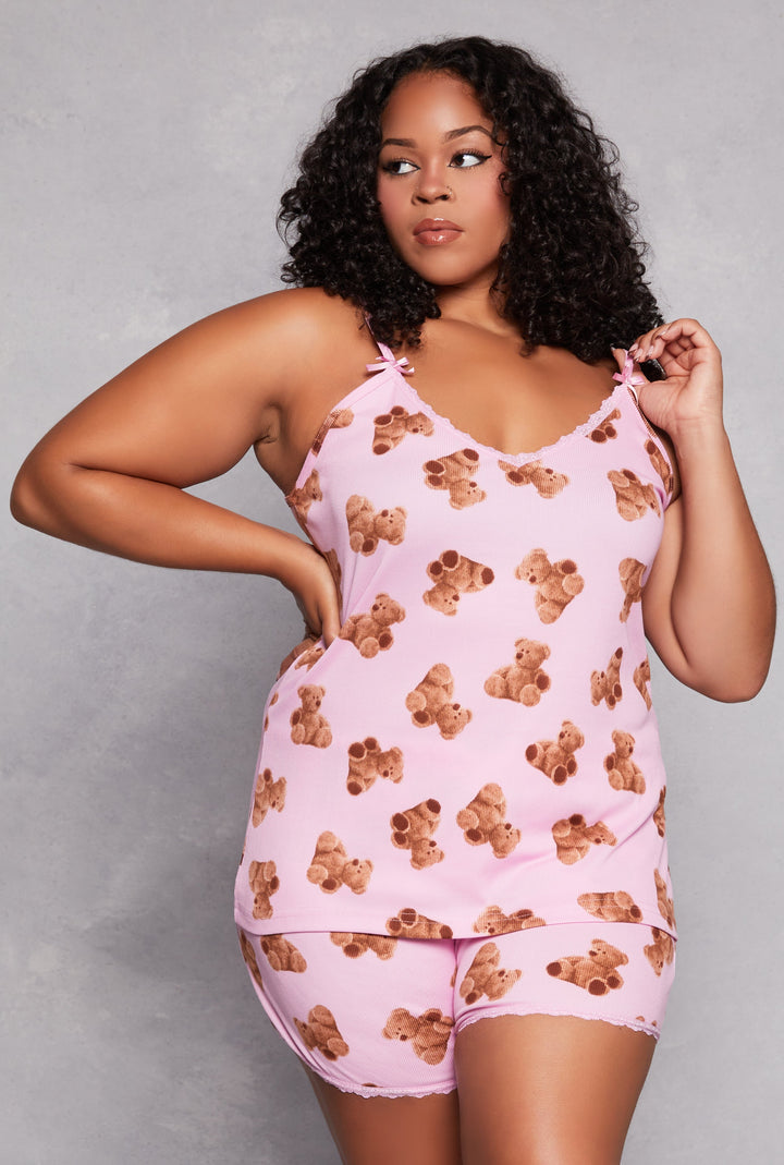 Plus Size Teddy Bear Print Pajama Cami Top and Shorts