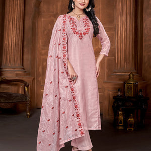 Pink material churidar set, floral vine embroidery chanderi top, plain bottom & scallop embroidery chiffon dupatta