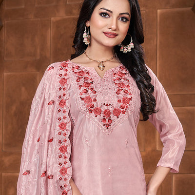 Pink material churidar set, floral vine embroidery chanderi top, plain bottom & scallop embroidery chiffon dupatta