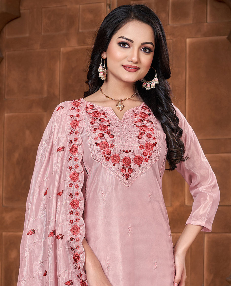 Pink material churidar set, floral vine embroidery chanderi top, plain bottom & scallop embroidery chiffon dupatta