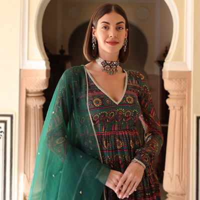 Dune Green Printed Chinon Suit Set