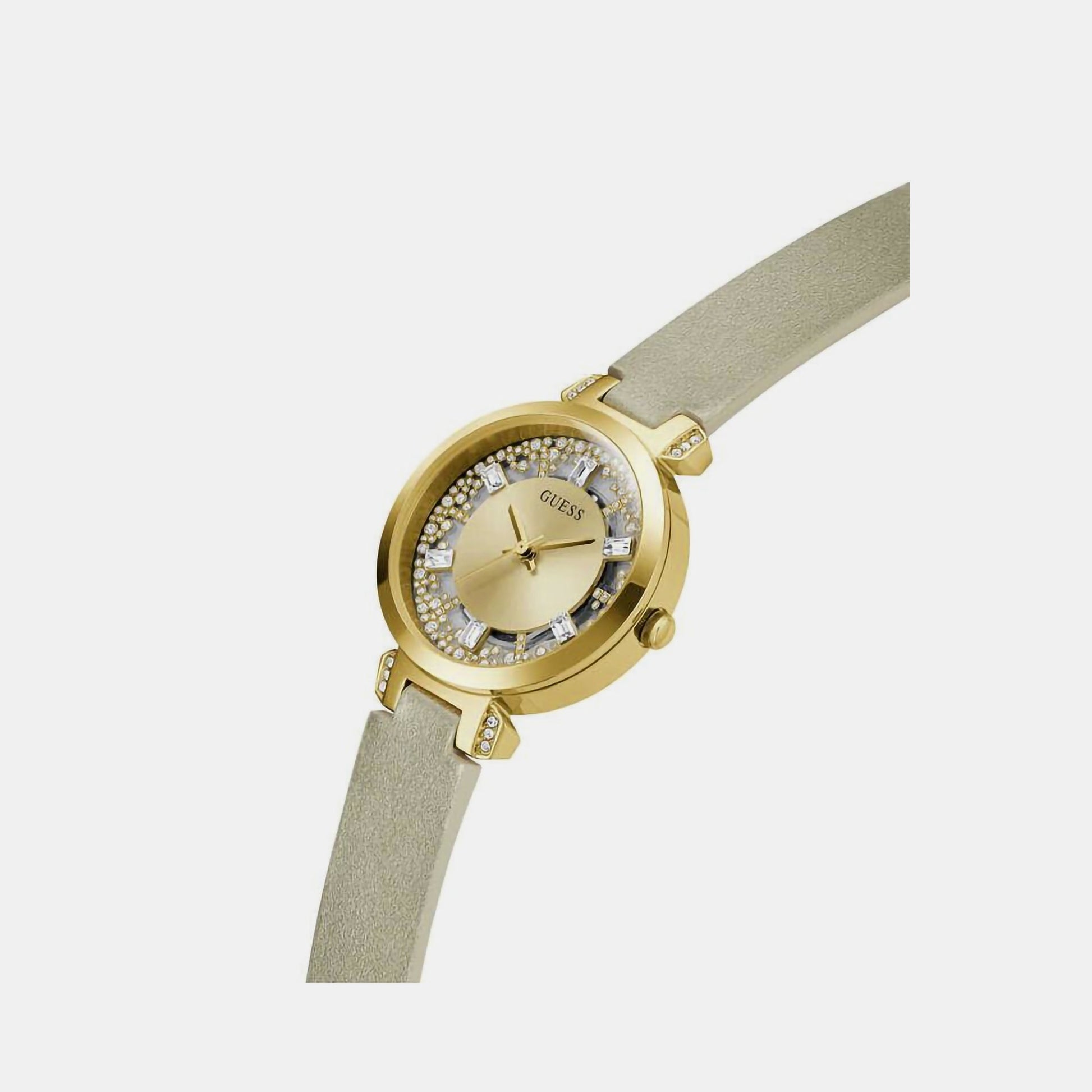 Crystal Clear Women Quartz Champagne Dial Analog Leather Watch GW0535L4