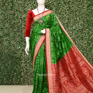 Green Red Elephant & Flower motif  Sambalpuri Ikat Silk Saree