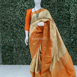 Cream With Orange Border Pure Kanjivaram Silk Saree