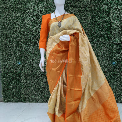 Cream With Orange Border Pure Kanjivaram Silk Saree