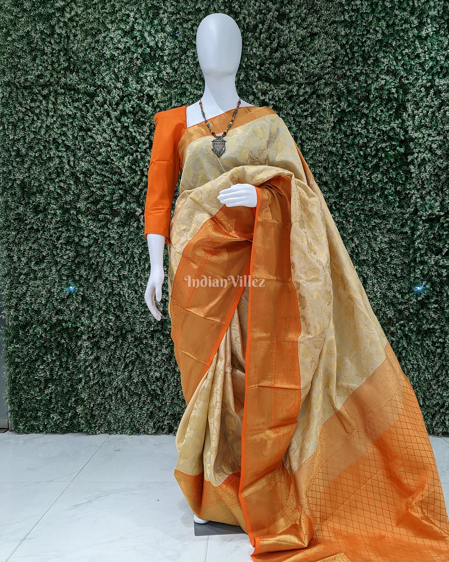 Cream With Orange Border Pure Kanjivaram Silk Saree