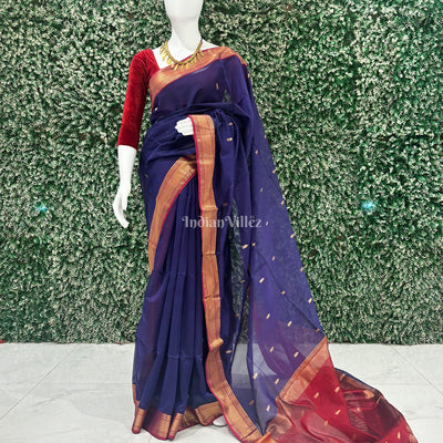 Blue Red Butta Design Maheshwari Handloom Cotton*Silk Saree
