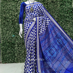 Blue Grey Odisha Ikat Square Motif Sambalpuri Silk Saree