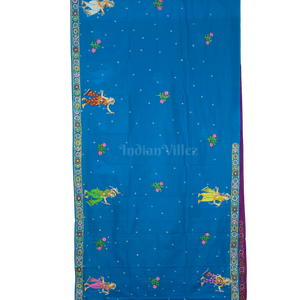 Sky Blue & Magenta Vat Savitri Theme Pattachitra Saree