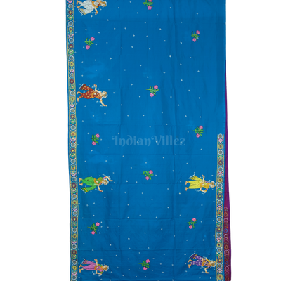 Sky Blue & Magenta Vat Savitri Theme Pattachitra Saree