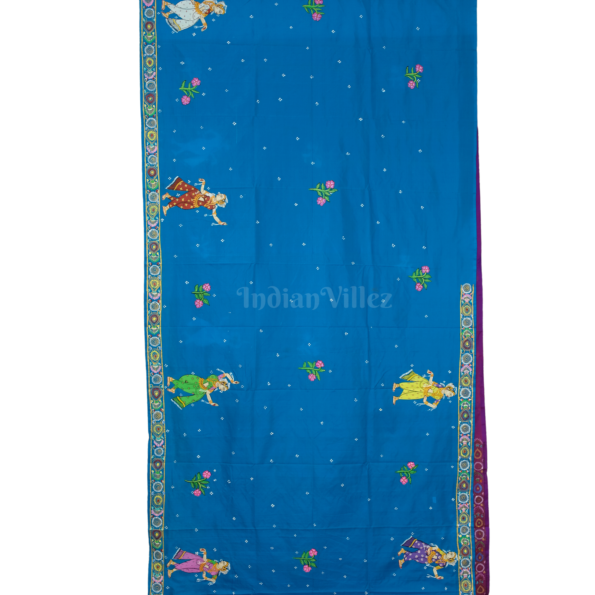 Sky Blue & Magenta Vat Savitri Theme Pattachitra Saree