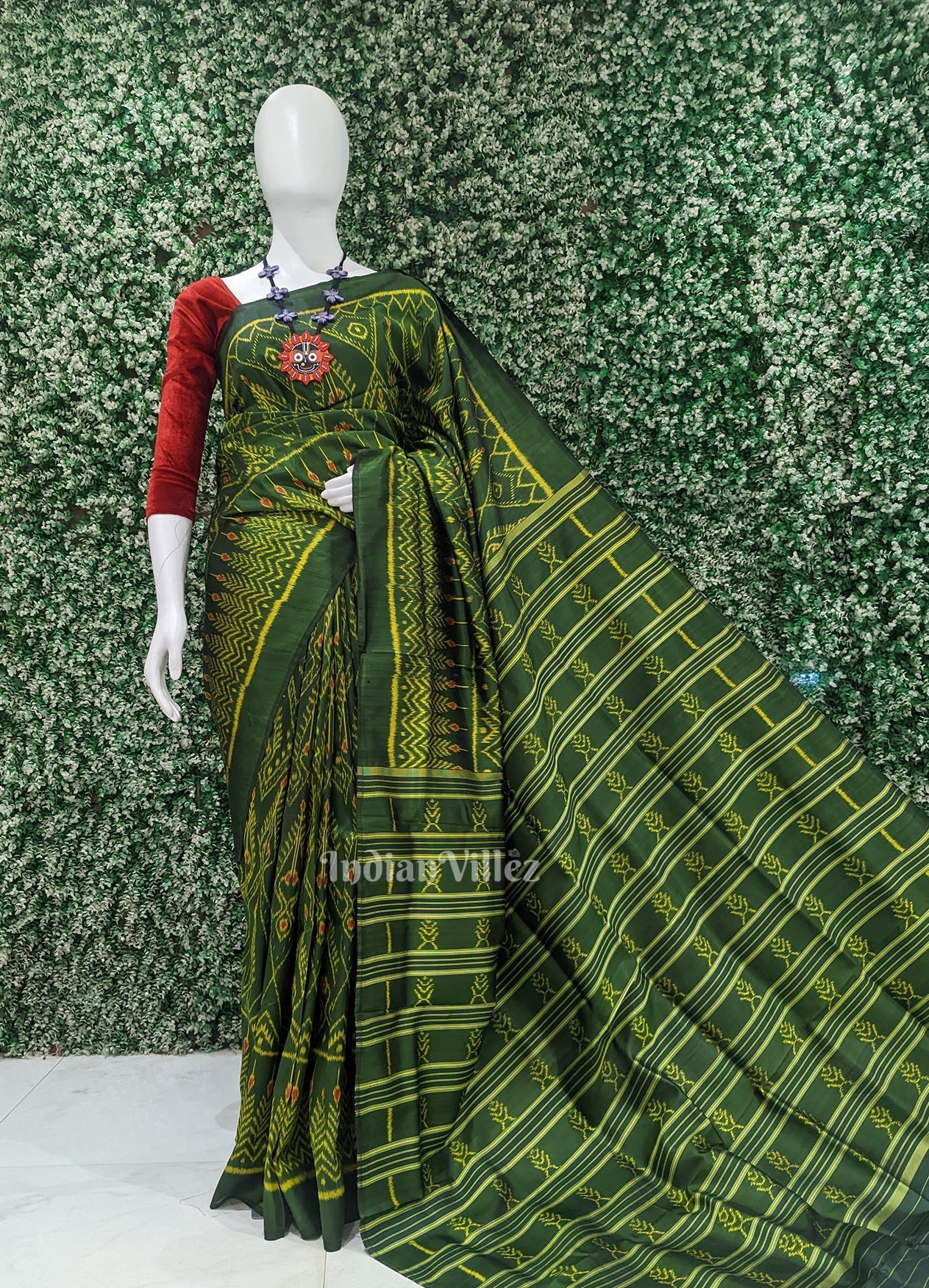 Green Cambodian Ikat Contemporary Silk Saree