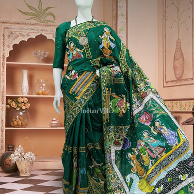Green Radha Krishna Boita Theme Hand-Painted Pattachitra Saree