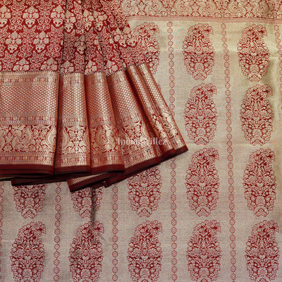Maroon With Silver Body Work Pure Kanjivaram Silk Saree
