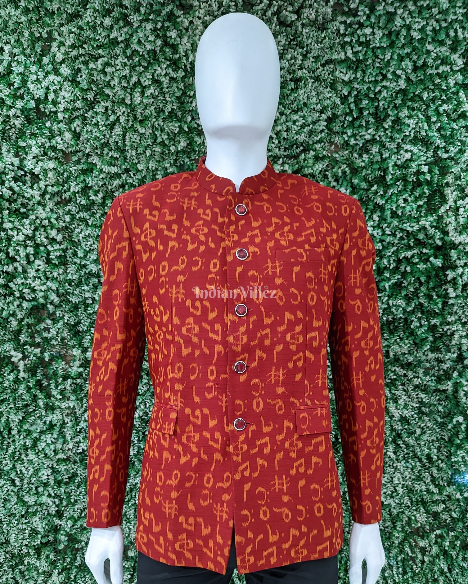 Red Jodhpuri bandhgala Odisha Ikat Men's Casual Blazer With Musical Symbol