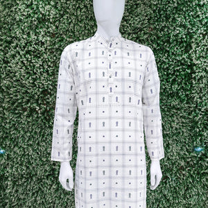 White Fish Butta Motif Bomkai Odisha Ikat Cotton Long Kurta For Men