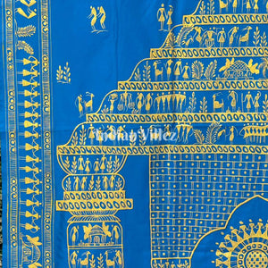 Sky Blue Tribal Art Konark Temple Hand-Painted Pattachitra Saree