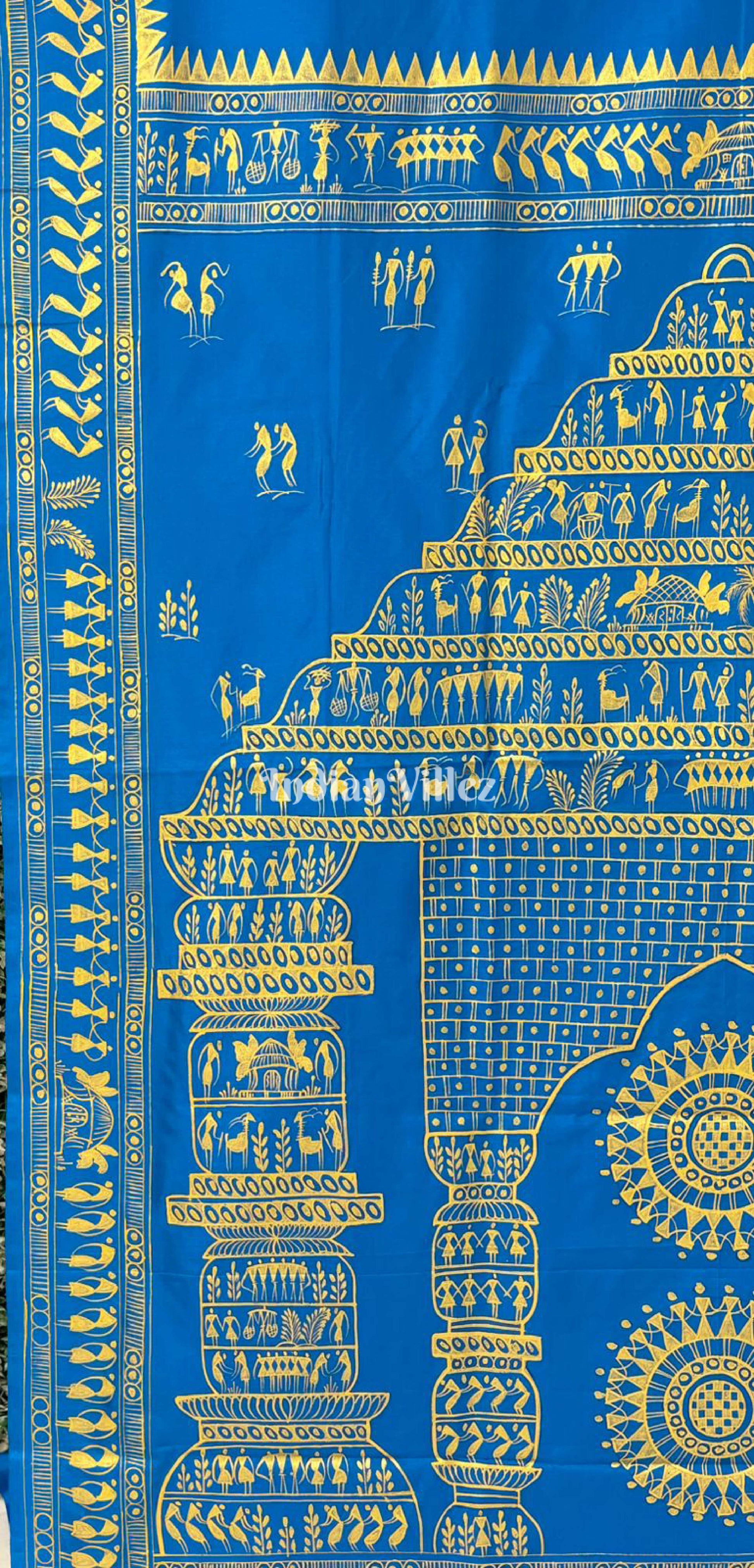 Sky Blue Tribal Art Konark Temple Hand-Painted Pattachitra Saree
