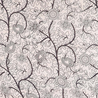 Black floral vine & peacock machine-printed kalamkari cotton saree, self-border & peacock motifs pallu