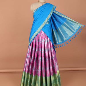 Pink checked with floral art-silk half saree, contrast traditional zari border,zari design blouse & argyle design dhavani