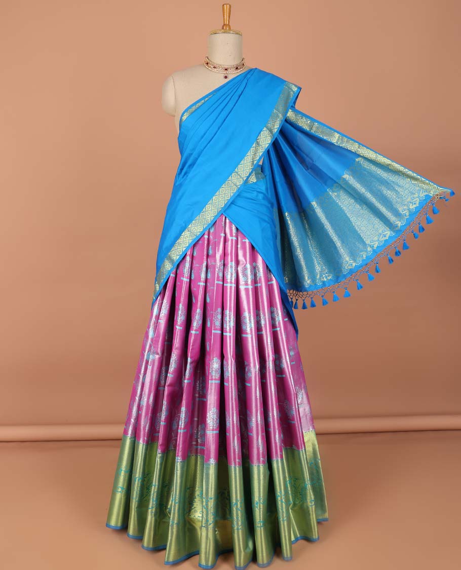 Pink checked with floral art-silk half saree, contrast traditional zari border,zari design blouse & argyle design dhavani