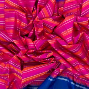Hot Pink & Orange Handloom Kanchipuram Korvai Silk Saree With Stripes