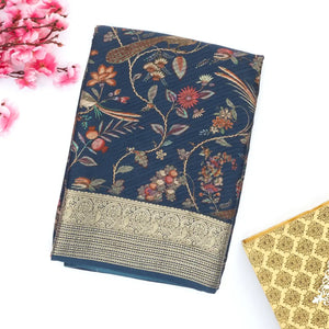 Navy Blue Printed Georgette Silk Saree With Bird Motifs